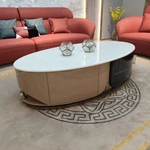 Two-Tone Oval Coffee Table with White Marble Top, High-Gloss Panels and Metal Base